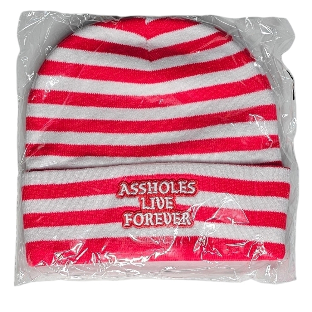 Assholes Live Forever Red White Striped Where's Waldo Beanie Toque brand new